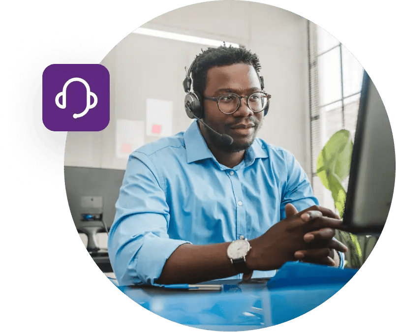 A collage of images showing a customer service representative wearing a headset with a purple headset icon next to him.