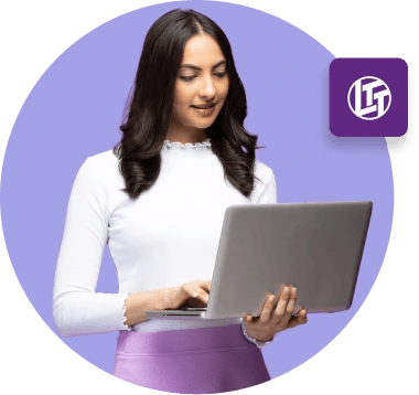 A woman in a white top and purple pants holds a laptop next to the Linus Tech Tips logo and a 20% off speech bubble.