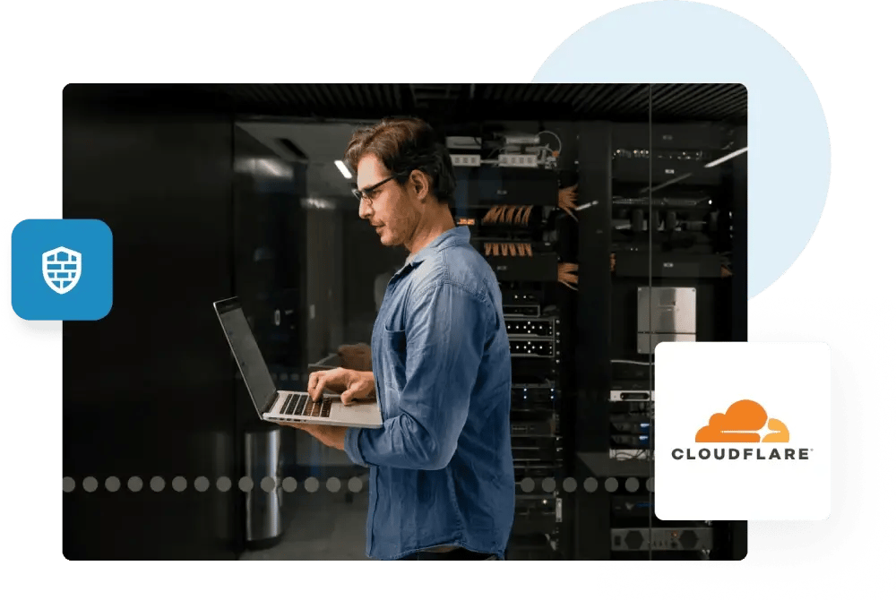 Cloudflare logo, featuring a man applying firewall and DDoS protection in a server room for ZeroBounce