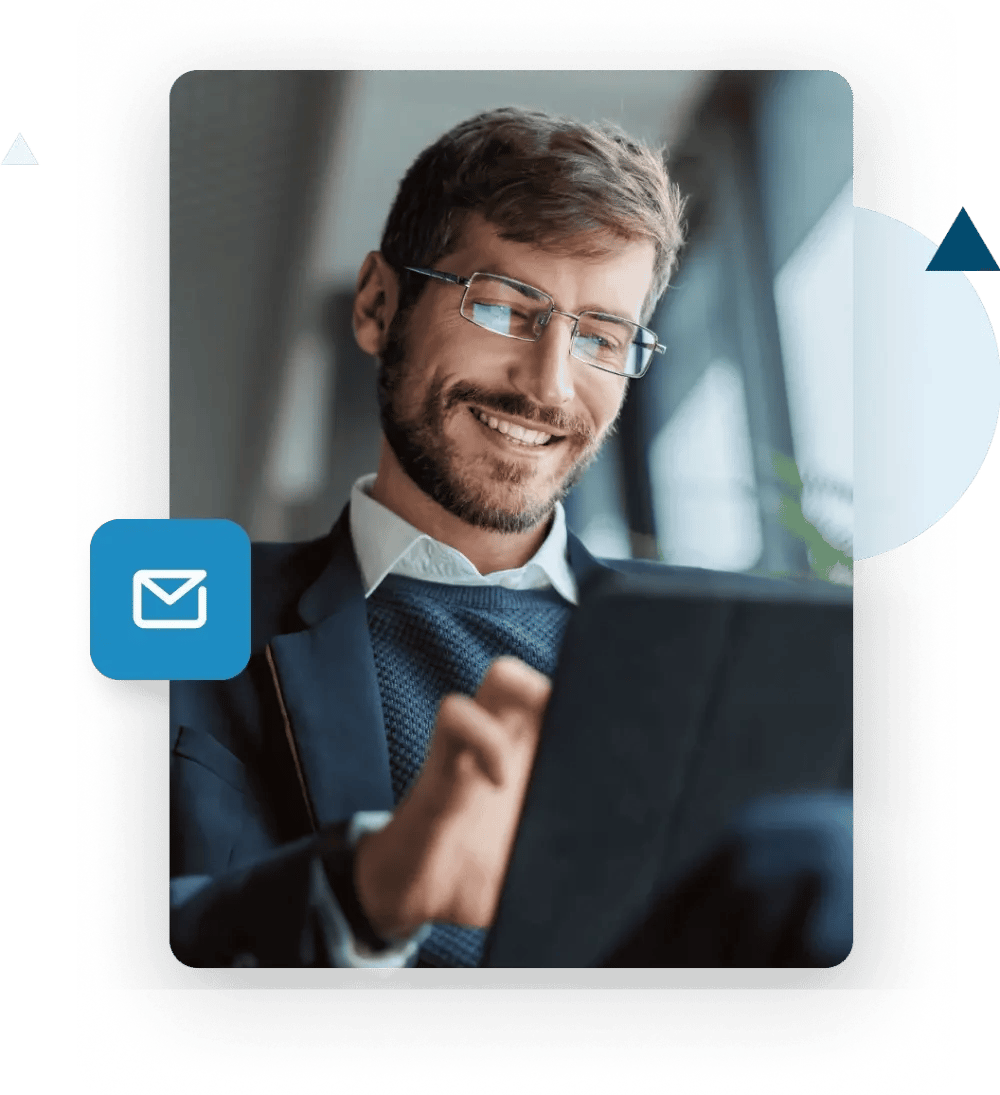 Happy business man using ZeroBounce ,[object Object], from an iPad to improve ,[object Object]