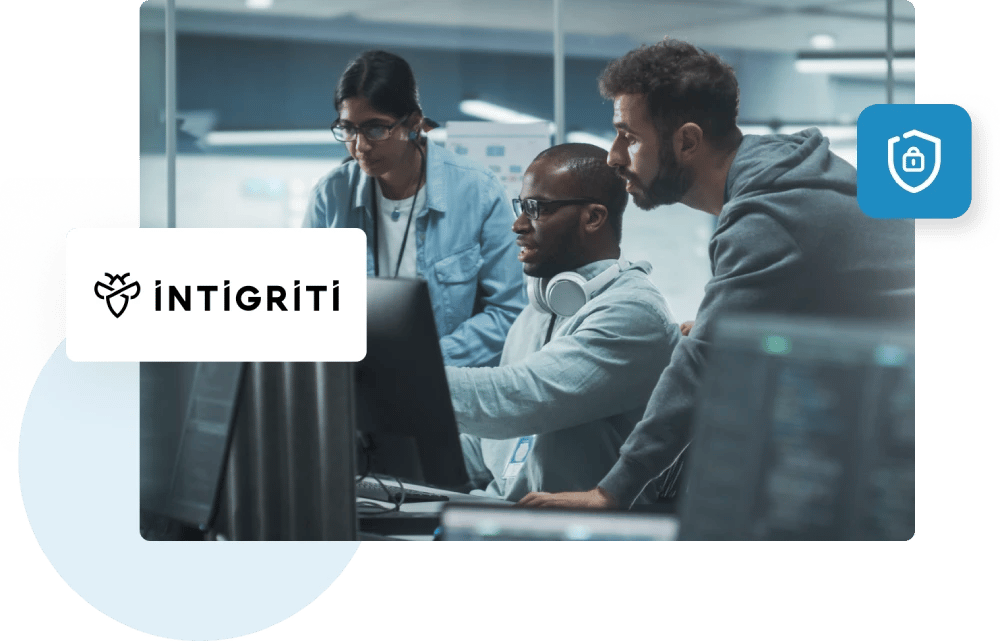 Intigriti logo, featuring a team of cybersecurity researchers at work