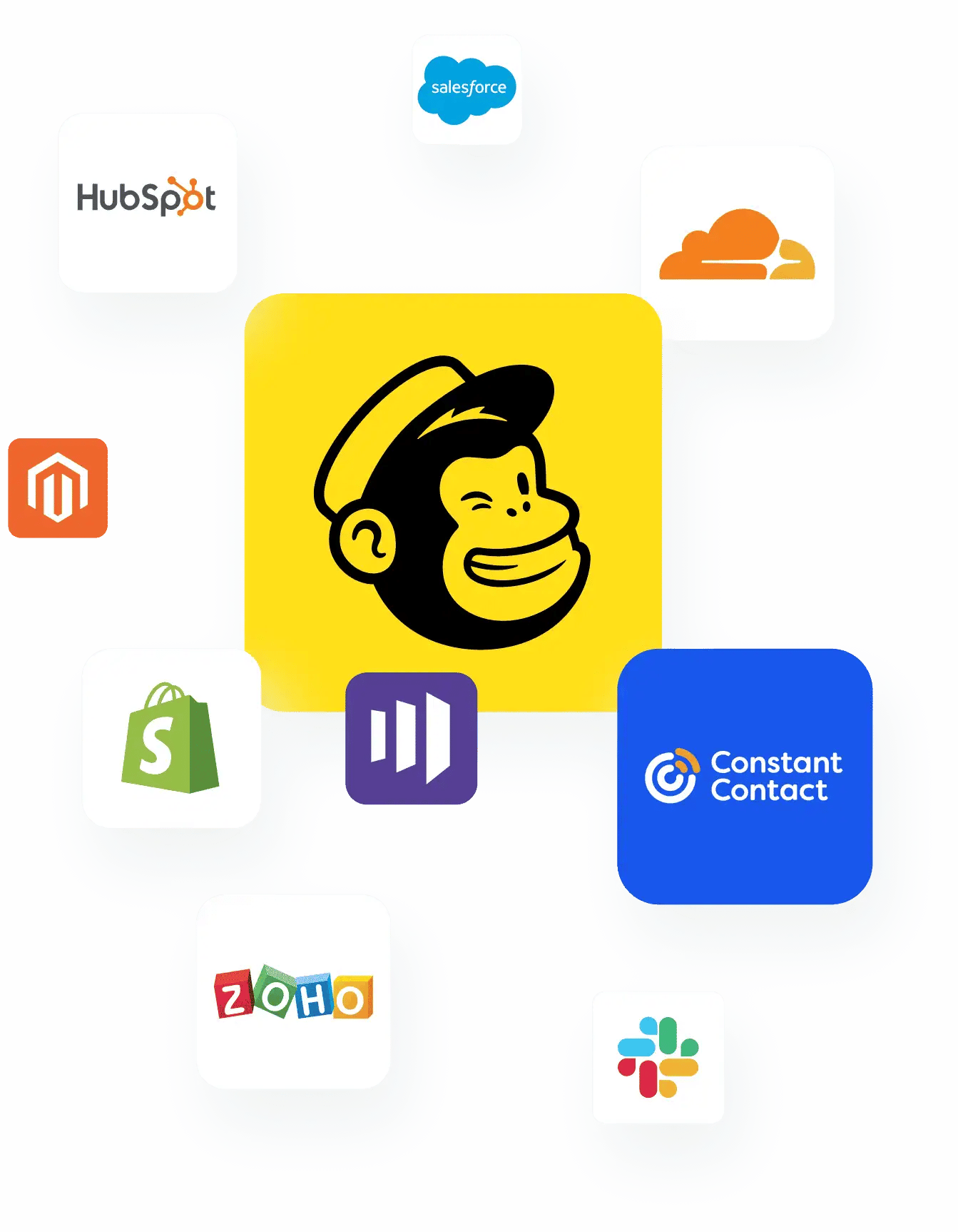A variety of company logos including Mailchimp, Constant Contact, Zoho, Shopify, Slack, HubSpot, Salesforce, and more
