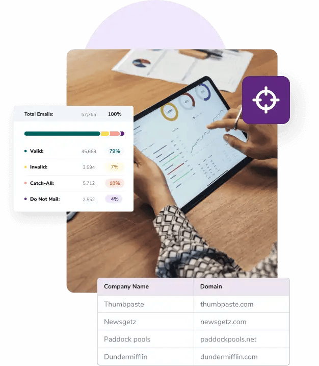Two hands holding a tablet that shows a variety of charts and graphs surrounded by an email validation summary, a target icon, and a list of company names and email domains