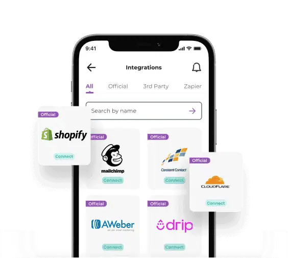 iPhone screen listing different ZeroBounce integrations, including Shopify, Mailchimp, Constant Contact, AWeber, and Drip