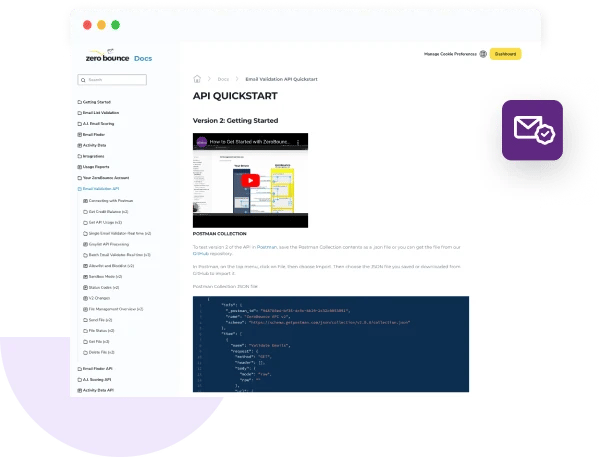 A screenshot of ZeroBounce’s complete API documentation library.