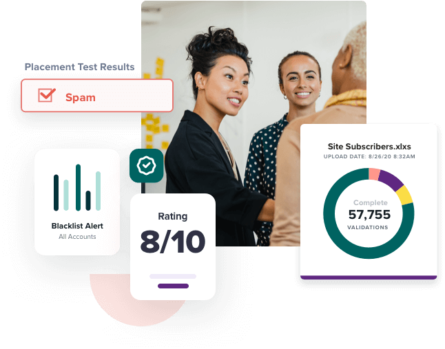 Meeting between two women and one man discussing the man's business email marketing, spam, subscriber lists and email blacklist alerts.