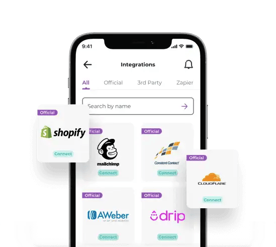iPhone screen listing different ZeroBounce integrations, including Shopify, Mailchimp, Constant Contact, AWeber, and Drip