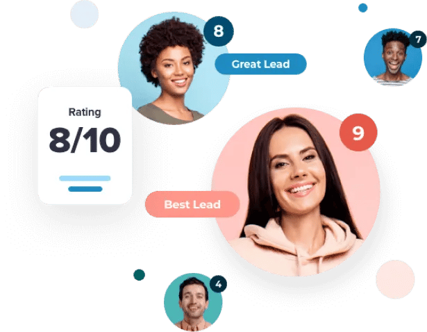 two men and two women with different email scores ranging 4-9 with a box that reads 'Rating 8/10'