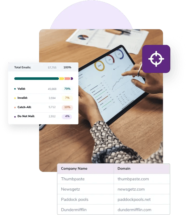 Hands holding a tablet with reports and graphs that show email validation results and a list of company names and email domains