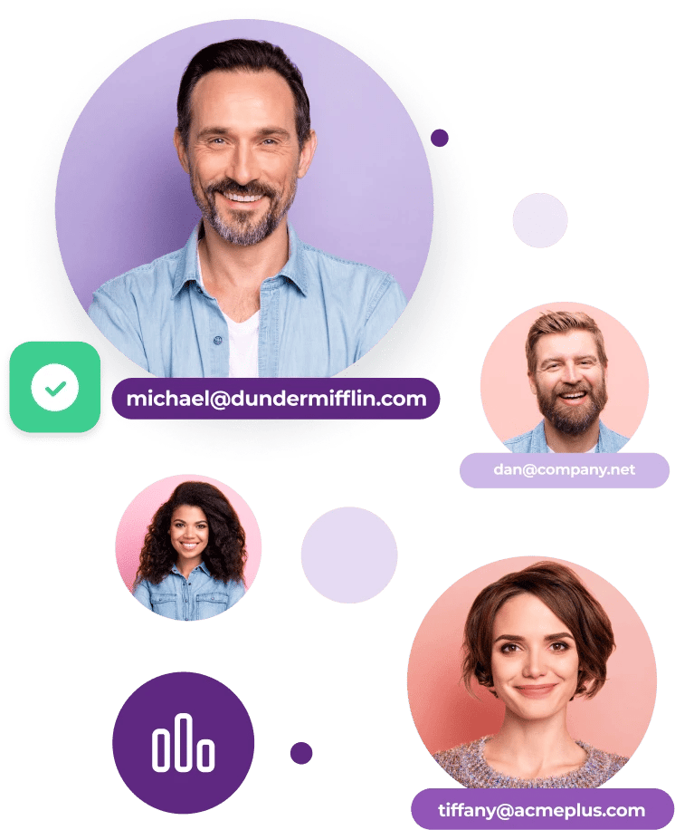 two men with the emails 'michael@dundermifflin.com' and 'dan@company.net' as well as two women, one with the email 'tiffany@acmeplus.com'