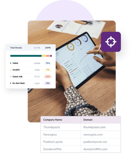 Close up of woman holding a tablet that shows an email validation report and email finder results