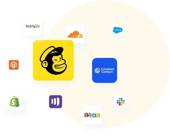 Integration logos including Mailchimp, Constant Contact, Zoho, Slack, Salesforce, Shopify, and HubSpot