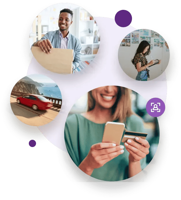 Various men and women working, shopping, and traveling that benefit from finding others using the ,[object Object]