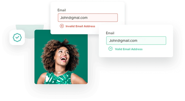 Woman smiling with verify emails in real-time and every time above her.