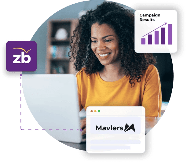 A woman in an orange shirt looks at her campaign results on her laptop next to ZeroBounce and Mavlers logos.