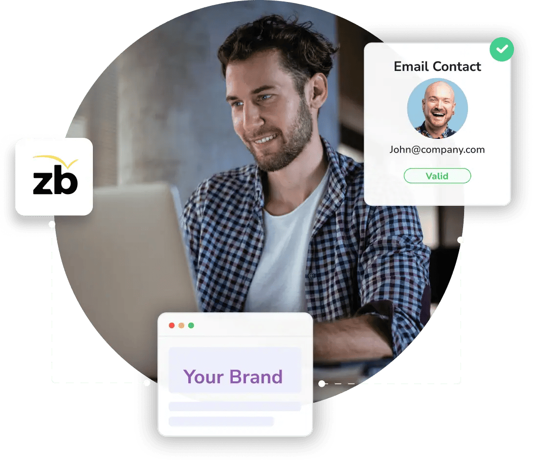 A man working on a laptop with overlay graphics showing the ZeroBounce logo working with a brand to verify emails.