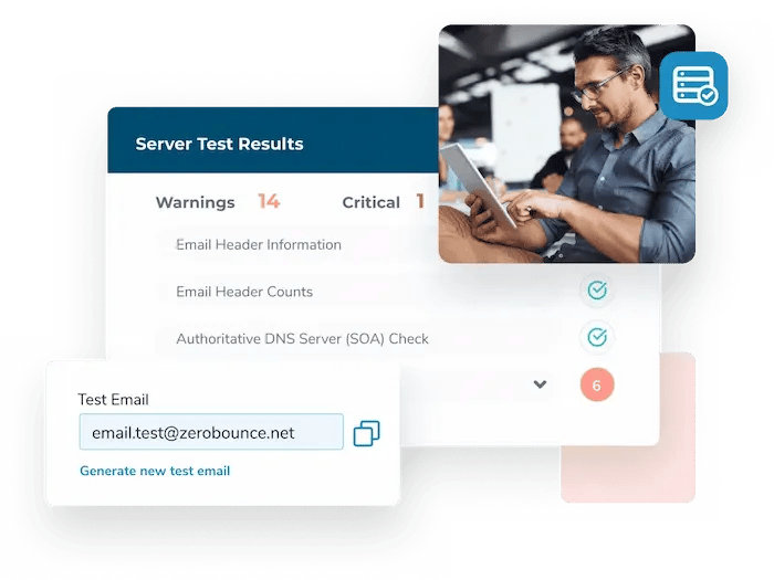 A man touches his tablet and looks at the email server test results, which show 14 warnings and 1 critical alert.