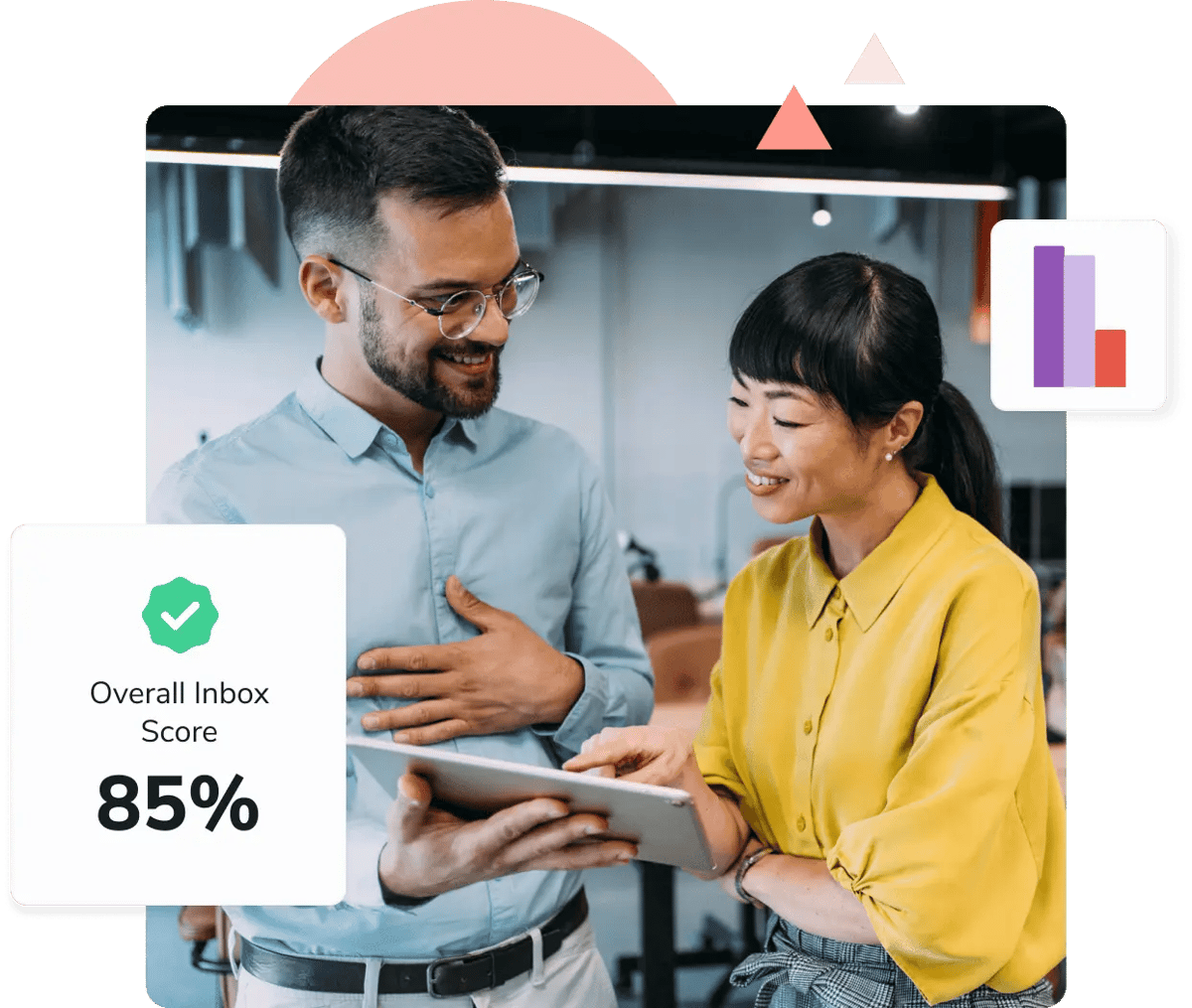 A man in a blue shirt and glasses shows his tablet with an Overall Inbox Score of 85% to a woman in a yellow shirt on his left.