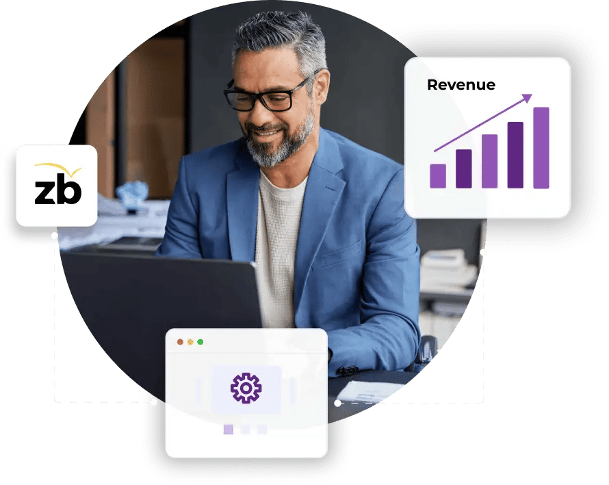Man working on a laptop with overlay graphics showing the ZeroBounce logo and a chart indicating revenue growth.