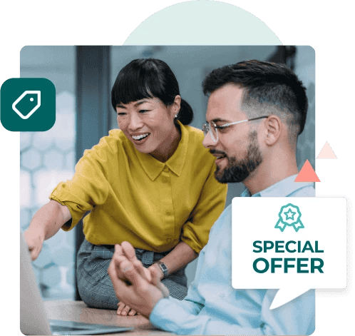 A woman in a yellow short points out something on her male coworker's laptop screen with a speech bubble that says "SPECIAL OFFER."