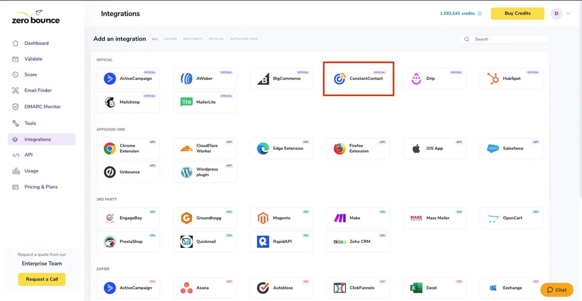 The list of ZeroBounce integrations with a red box around Constant Contact