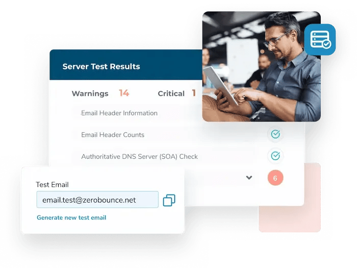 A man touches his tablet and looks at the email server test results, which show 14 warnings and 1 critical alert.