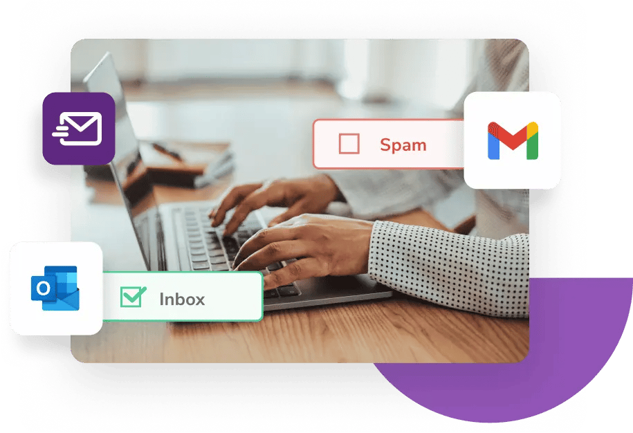 Hands typing on a laptop surrounded by a green checkmark for Inbox and the Hotmail logo along with a blank box for Spam next to the Gmail logo.