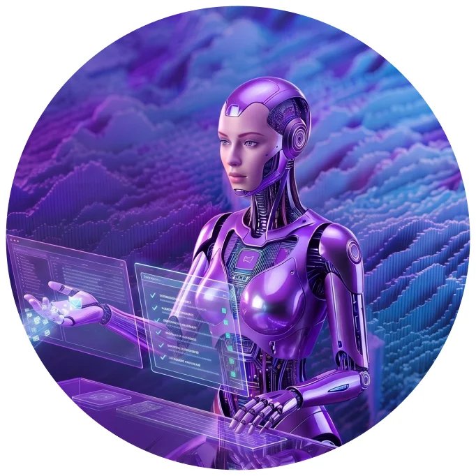 AI robot managing email tasks at a digital workstation