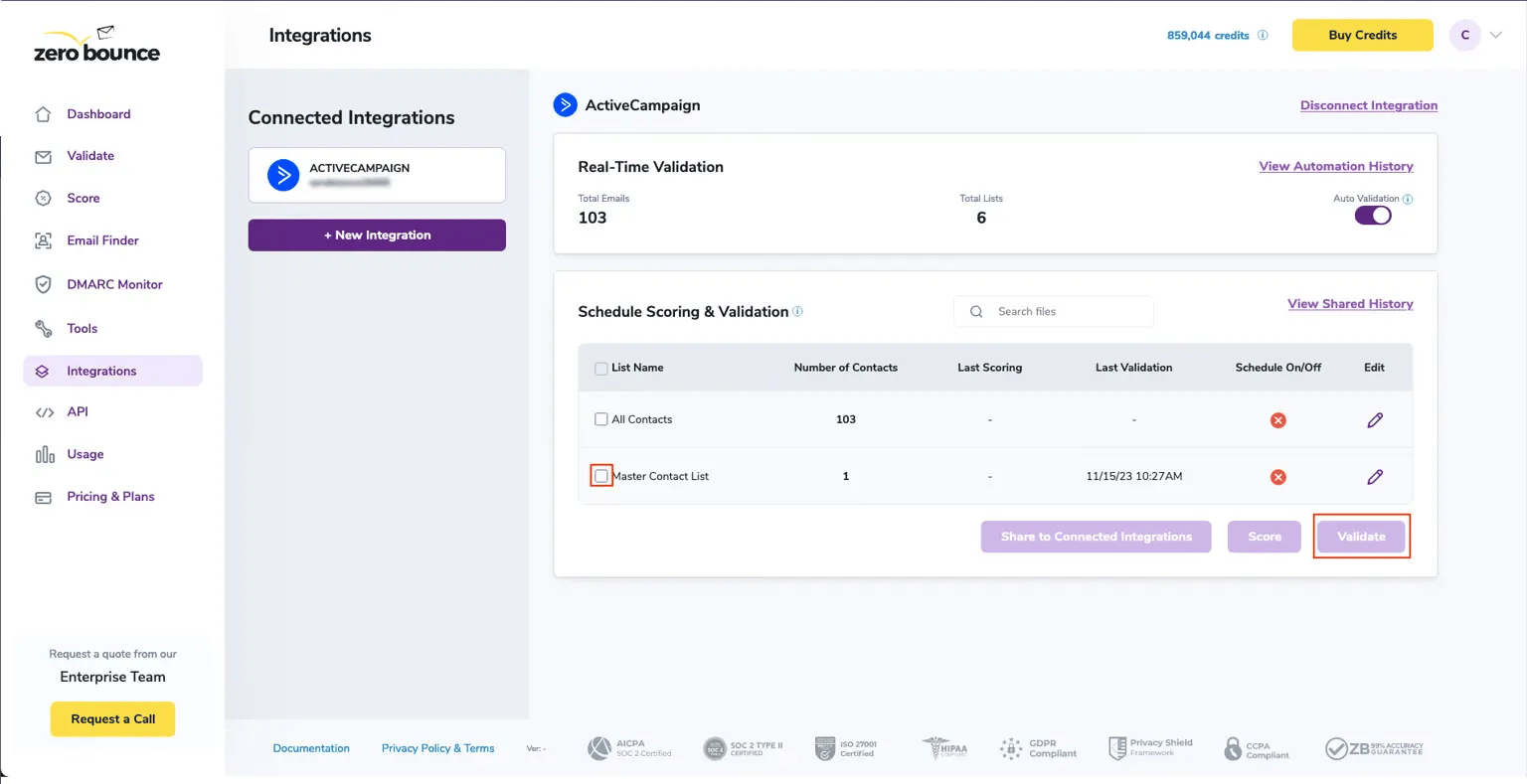 The ZeroBounce dashboard showing ActiveCampaign as a connected integration along with a real-time ,[object Object], report and scheduling settings