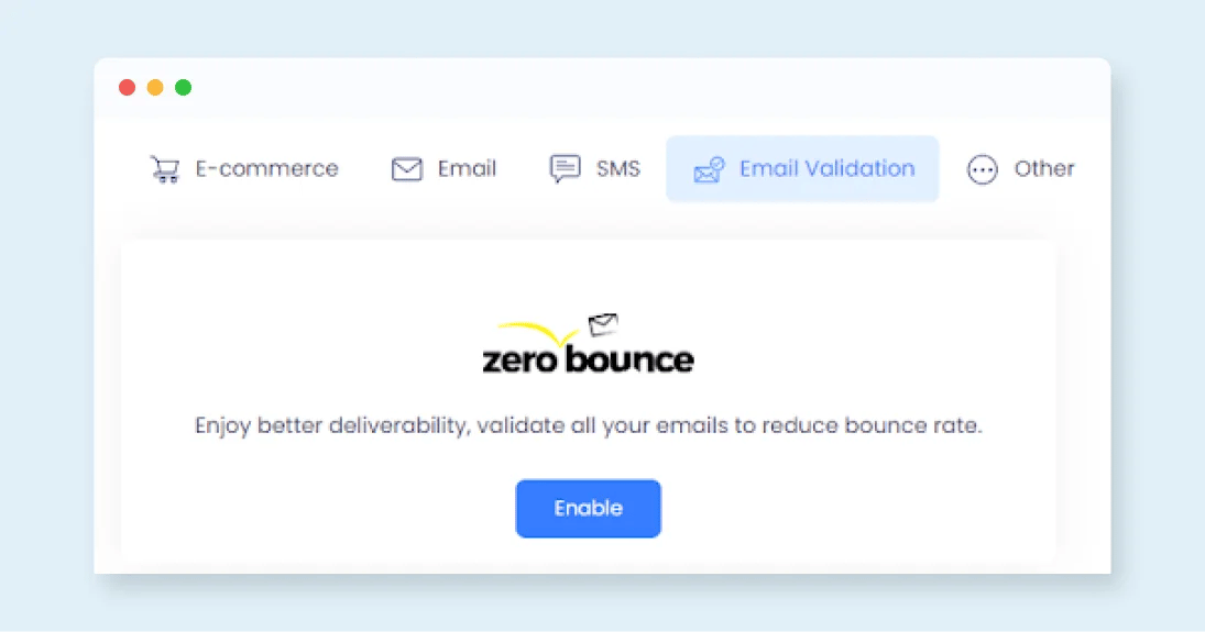 The enable screen for the ZeroBounce EngageBay integration