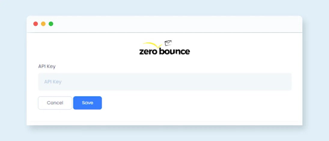 API key entry screen for the ZeroBounce EngageBay integration