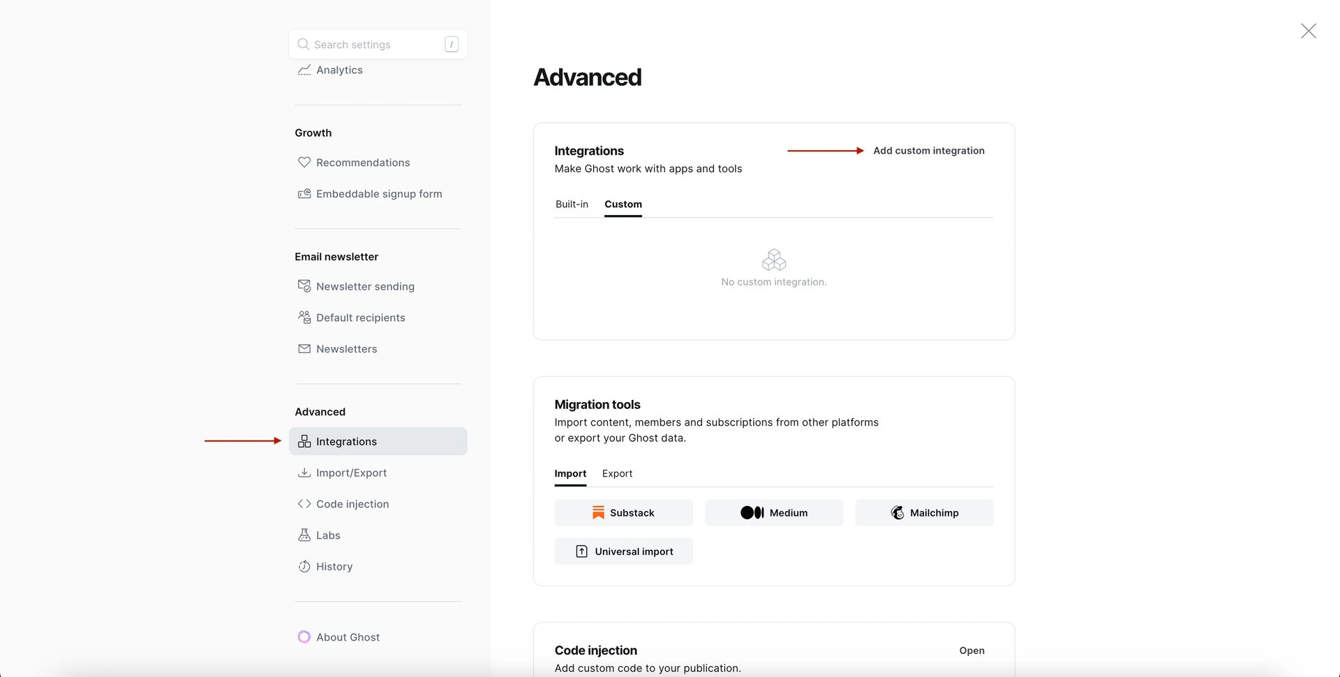 The Ghost settings screen with arrows pointing to Integrations, Add custom integration.