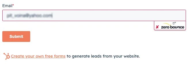 HubSpot Forms ,[object Object], enabled with ZeroBounce detecting an invalid email address.