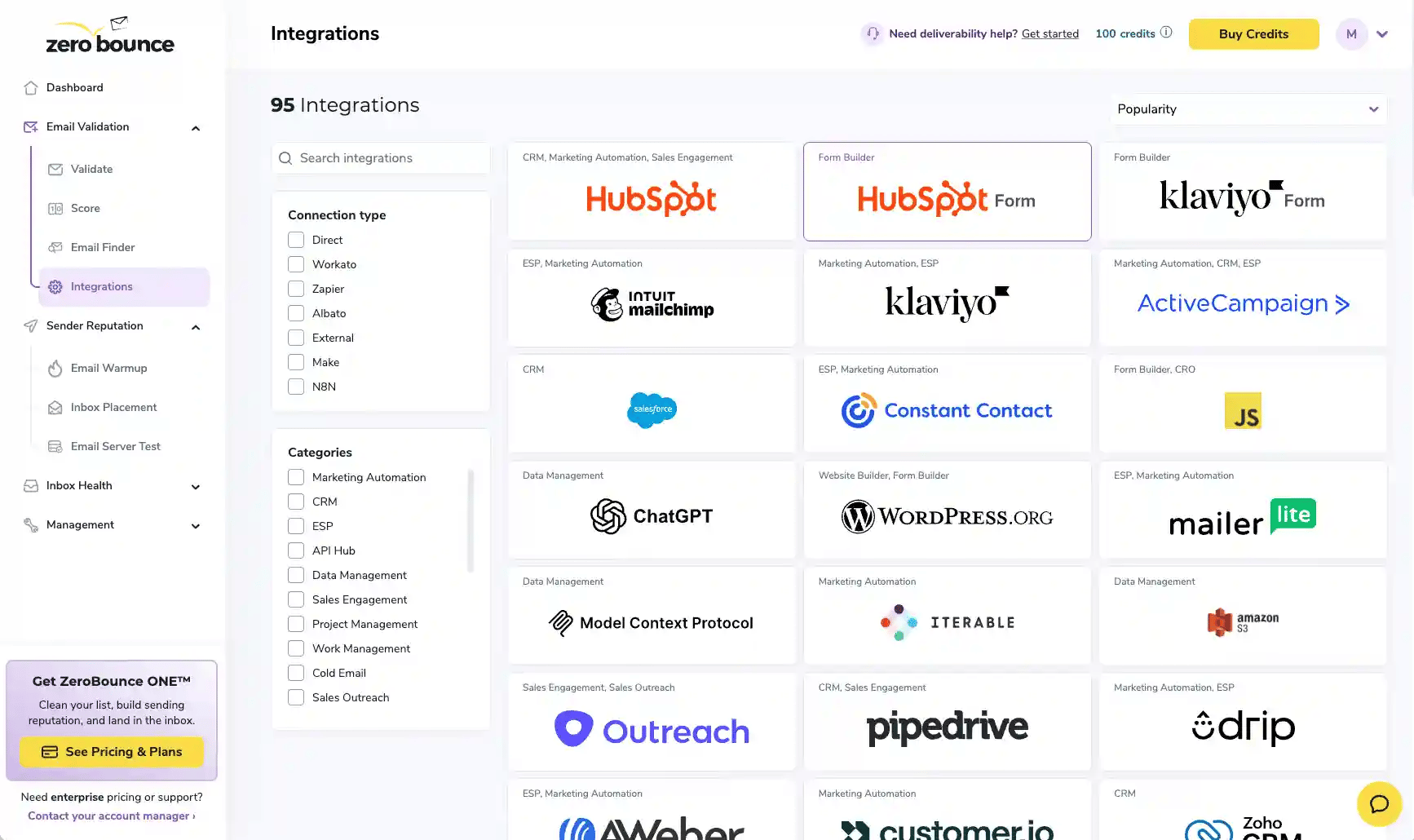 The ZeroBounce Integrations page with HubSpot Form selected from the integration list.