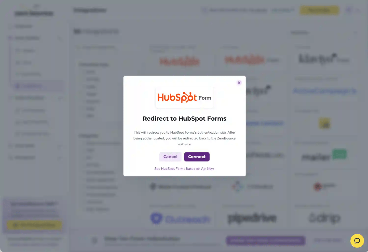 The HubSpot Form integration pop-up with the Connect button.