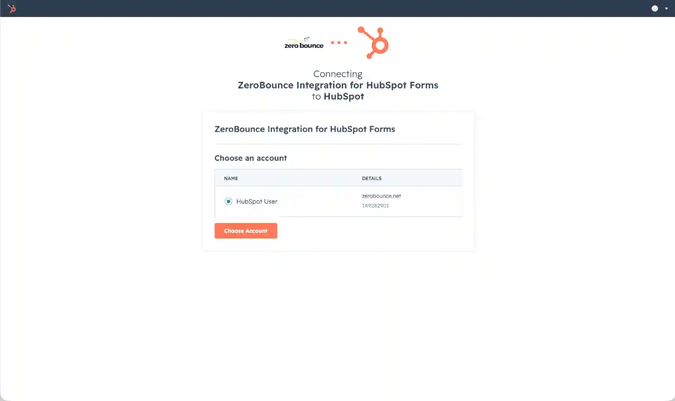 The HubSpot account picker with the Choose Account button.