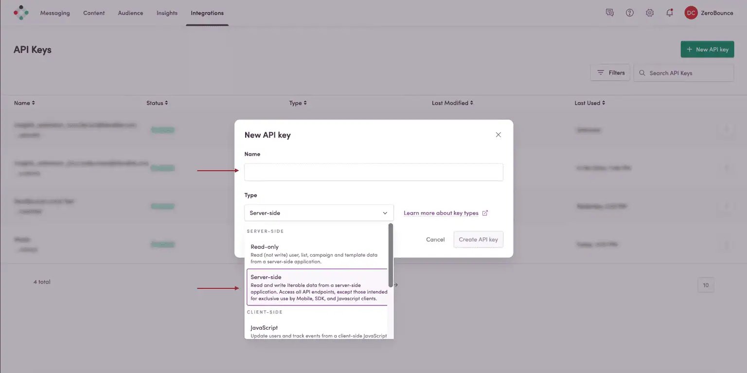 The Iterable account with the API key creation menu item highlighted.
