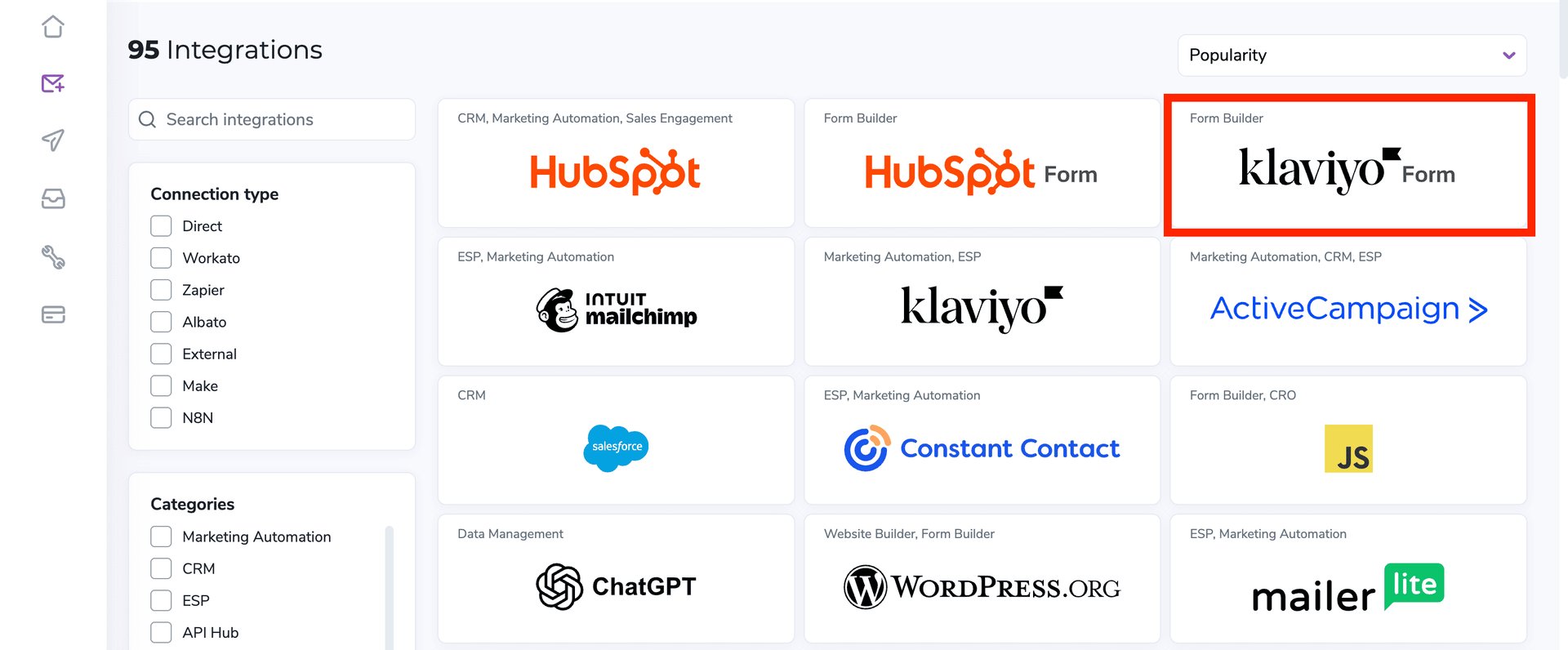 The ZeroBounce Integrations page with Klaviyo Form selected under the Form Builder category.