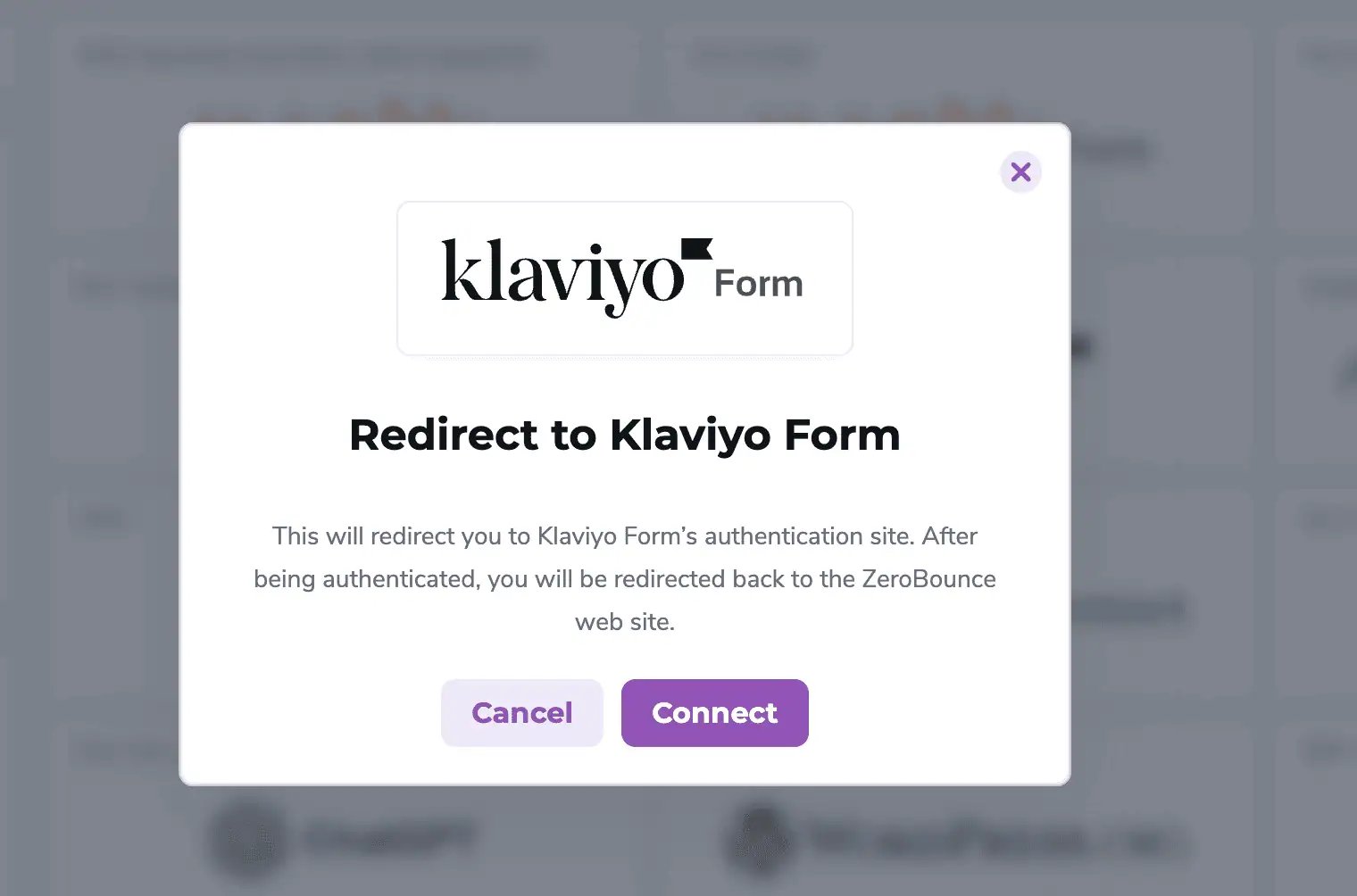 The Redirect to Klaviyo Form popup in ZeroBounce.