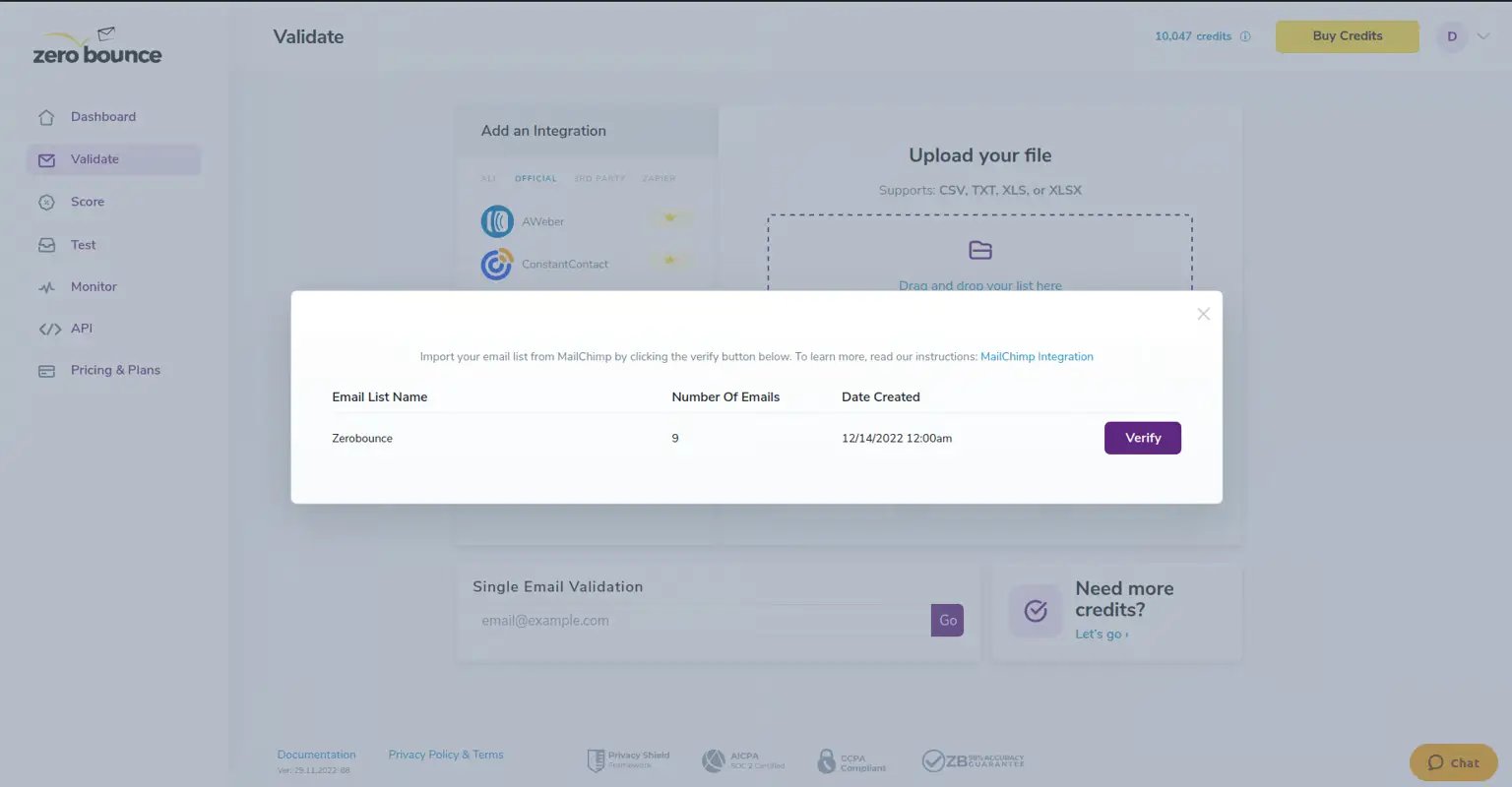 Pick the Mailchimp email list you want to clean and start verifying.