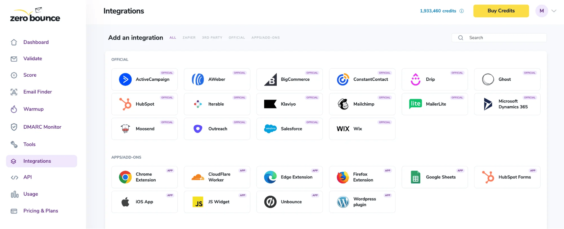 The ZeroBounce integrations menu.