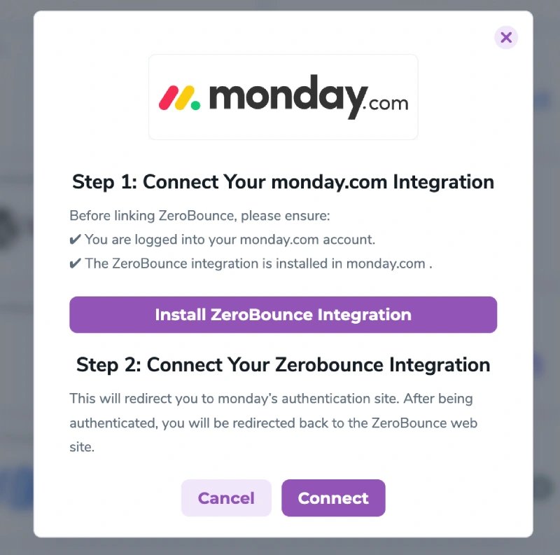 The connection pop-up for the ZeroBounce monday.com integration.