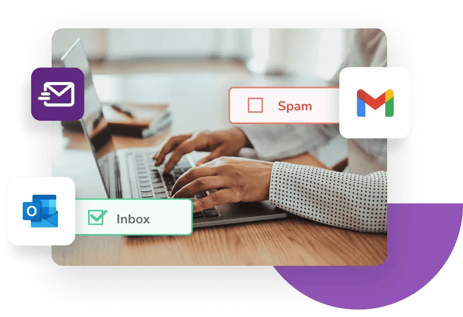 Hands typing on a laptop surrounded by a green checkmark for Inbox and the Hotmail logo along with a blank box for Spam next to the Gmail logo.