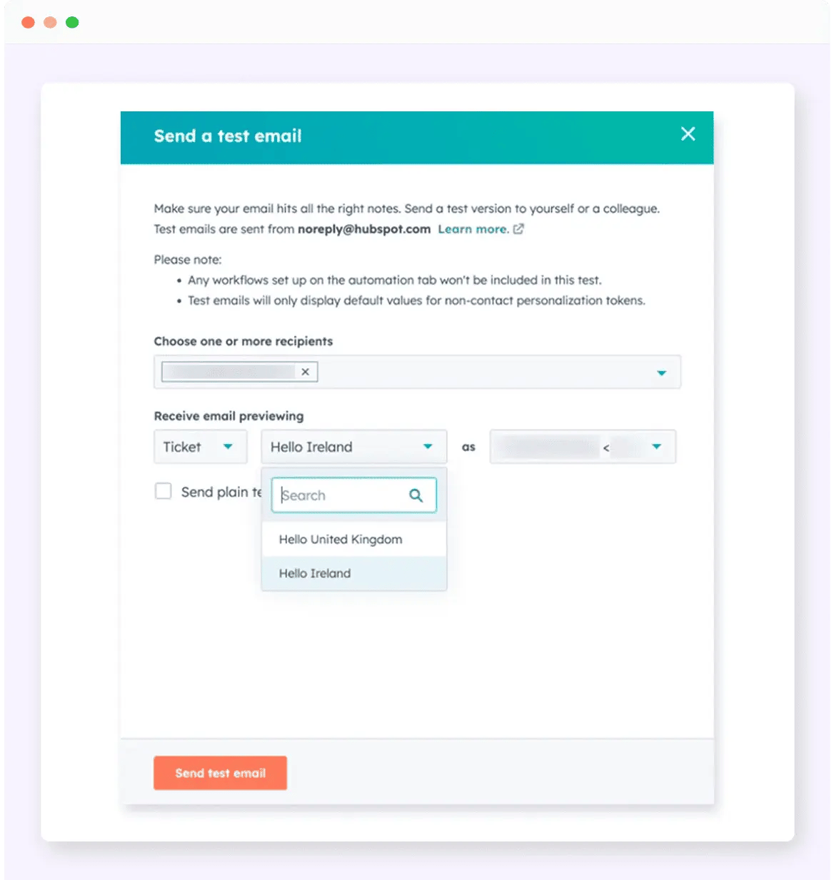 The test email function in HubSpot.