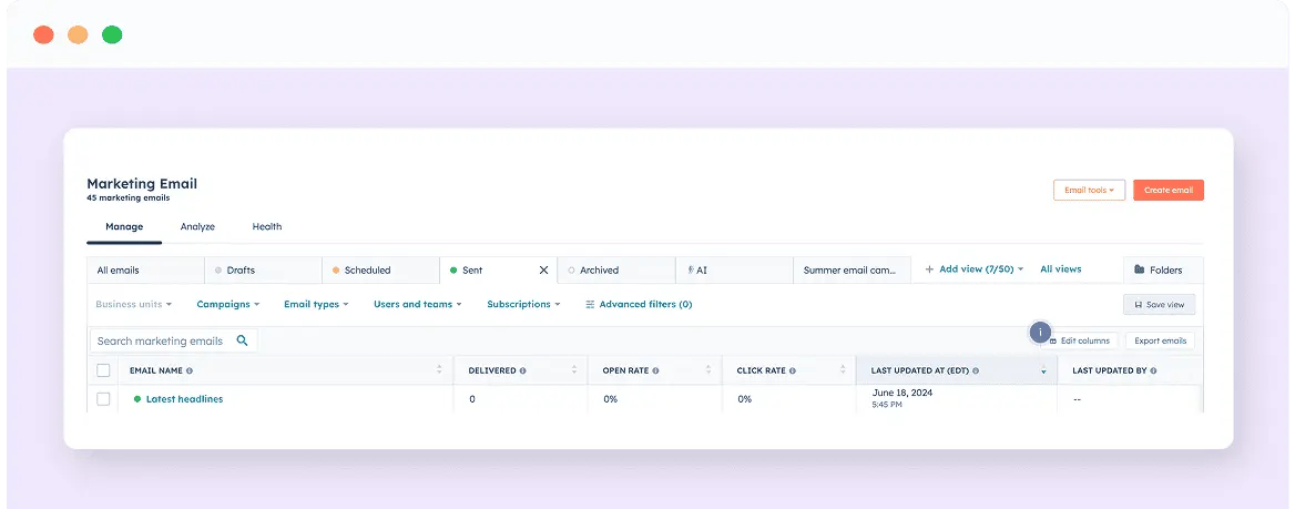 The HubSpot marketing email dashboard.
