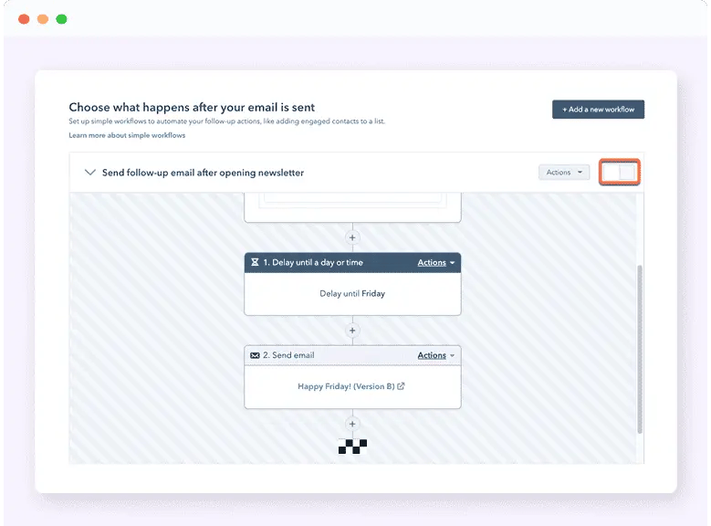 The HubSpot email automation configuration menu.