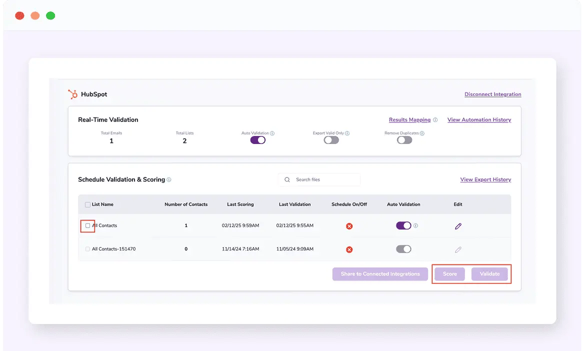 The ZeroBounce HubSpot integration dashboard.