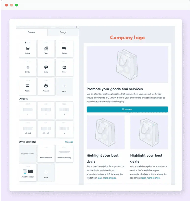 The HubSpot drag-and-drop email editor with layouts and saved sections visible.