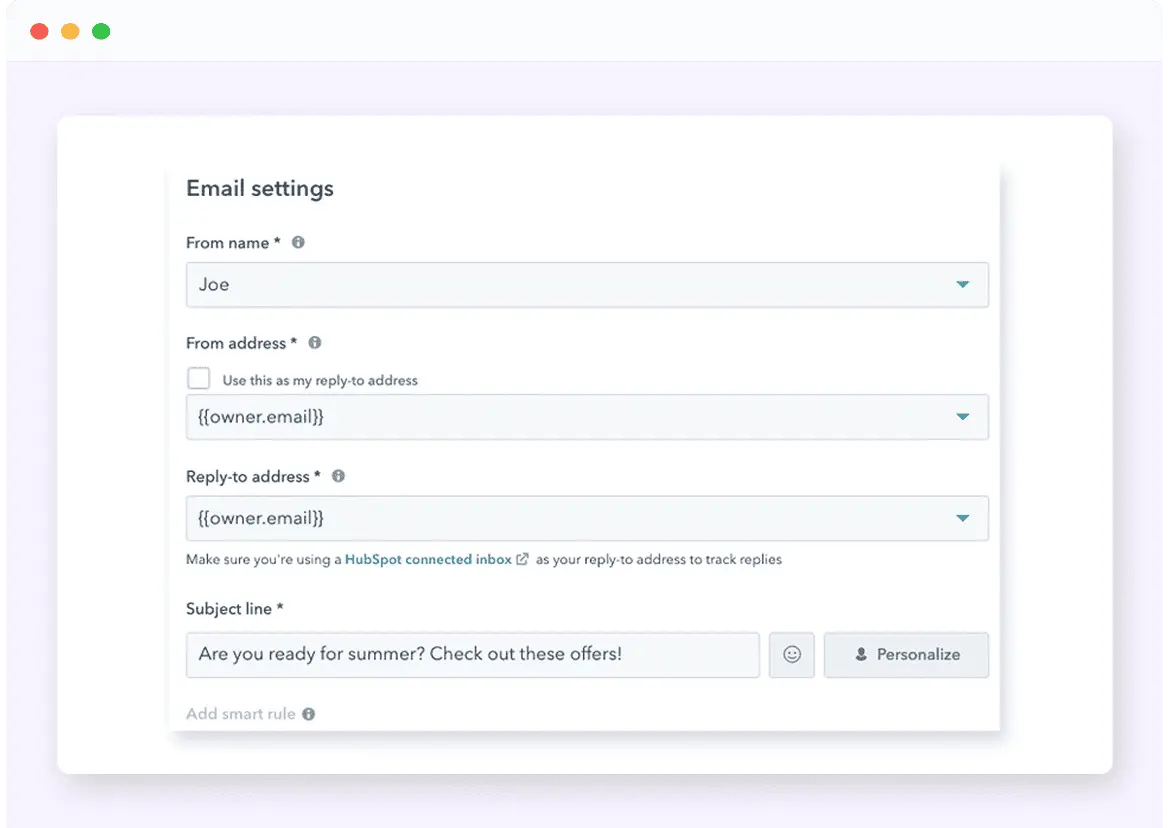 The email sender settings menu in HubSpot.