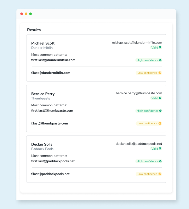A list of 3 Email Finder results for Michael Scott, Bernice Perry, and Declan Solis along with a valid email address with high confidence for each LinkedIn connection.